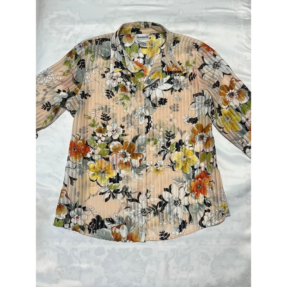 Bon Worth Blouse Womens SP Peach Excellent Floral Pleated Button Up 3/4 Sleeve